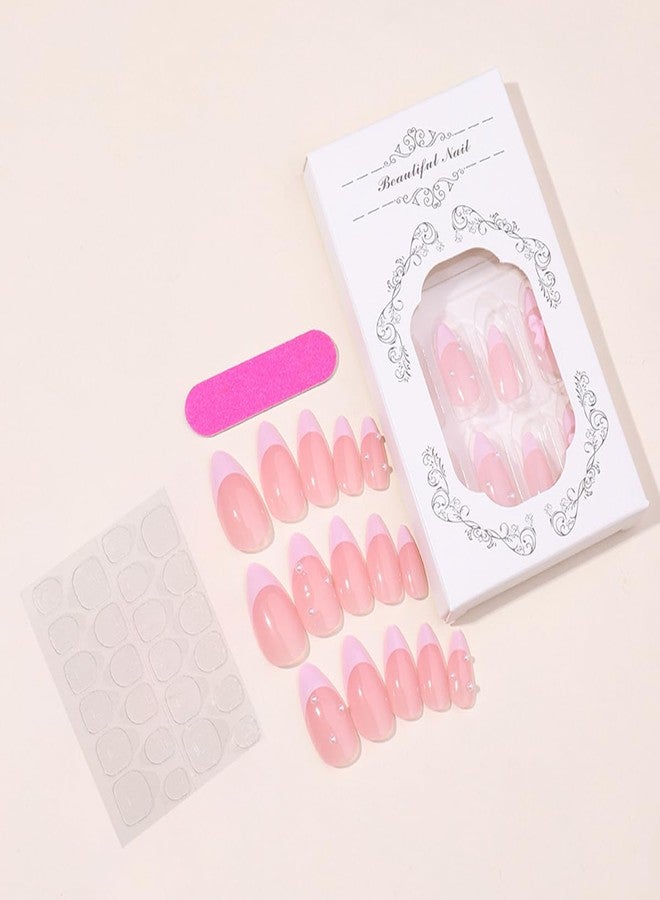 OSTTMA 24Pcs French Press on Nails Almond Fake Nail Cute Pink False Nails with Bow Pearl Design Pink French Tip Acrylic Nails Luxury Glue on Nail Full Cover Artificial Nails for Women Manicure Accessories - Image 4